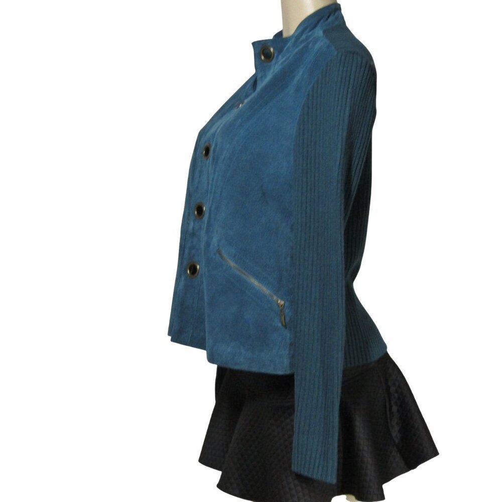 VTG Y2K SUEDE Leather Military Boho Grunge Retro Jacket Teal blue Jacket Large - Picture 4 of 11